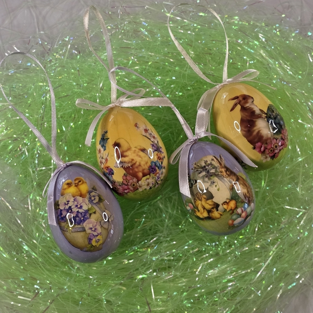 Vintage Style Decoupage Pastel Easter Egg Hanging Ornaments Set 4 Spring Decor